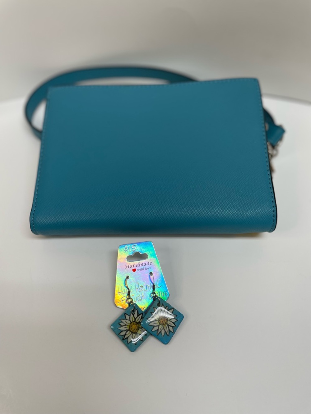 Steve Madden Teal Crossbody with Hand-Painted Sunflower & Earrings - Picture 2 of 7